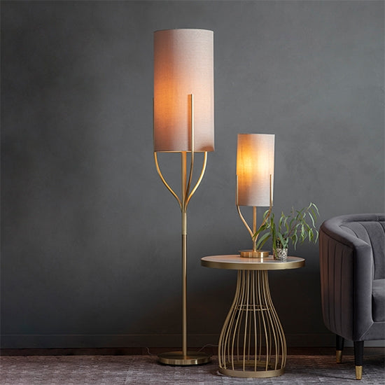Fraser Natural Fabric Cylinder Shade Floor Lamp In Satin Brass