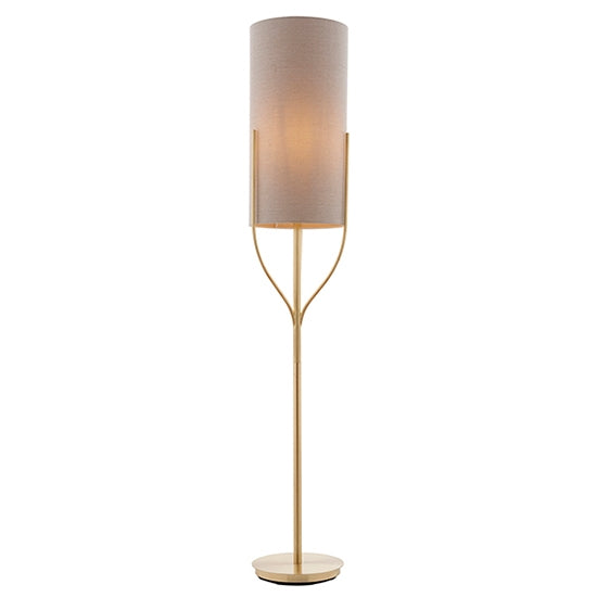 Fraser Natural Fabric Cylinder Shade Floor Lamp In Satin Brass