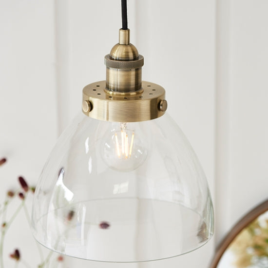 Hansen Clear Glass Shade Ceiling Pendant Light In Antique Brass