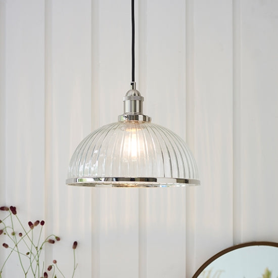 Hansen Clear Ribbed Glass Ceiling Pendant Light In Bright Nickel
