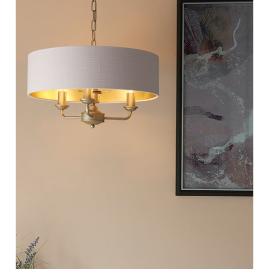Highclere 3 Lights Blush Pink Linen Shade Ceiling Pendant Light In Champagne