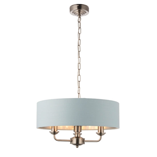 Highclere 3 Lights Duck Egg Linen Shade Ceiling Pendant Light Bright Chrome