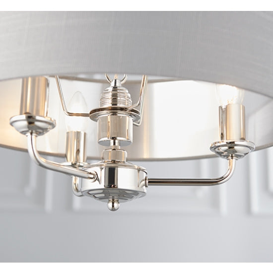 Highclere 3 Lights Silver Linen Shade Ceiling Pendant Light In Bright Nickel