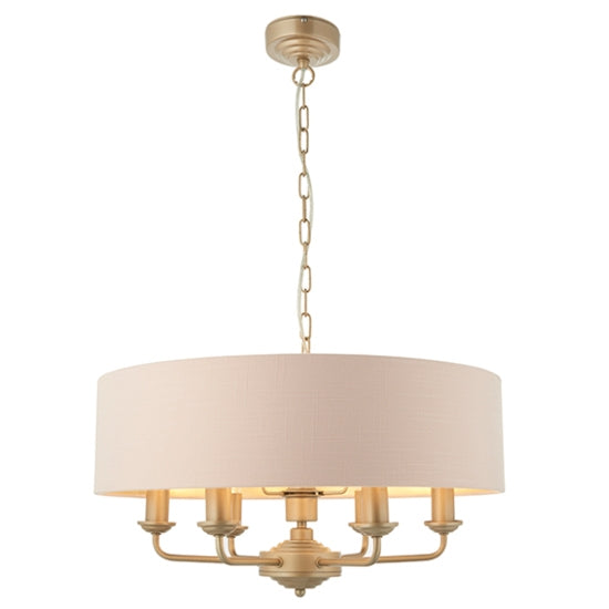 Highclere 6 Lights Blush Pink Fabric Shade Ceiling Pendant Light In Champagne