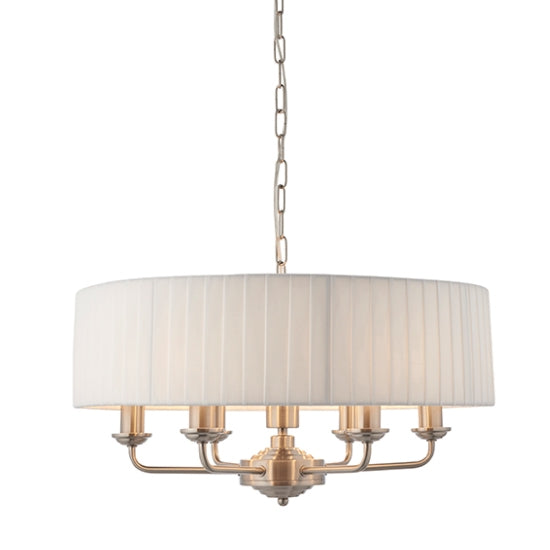 Highclere 6 Lights White Fabric Shade Ceiling Pendant Light In Brushed Chrome