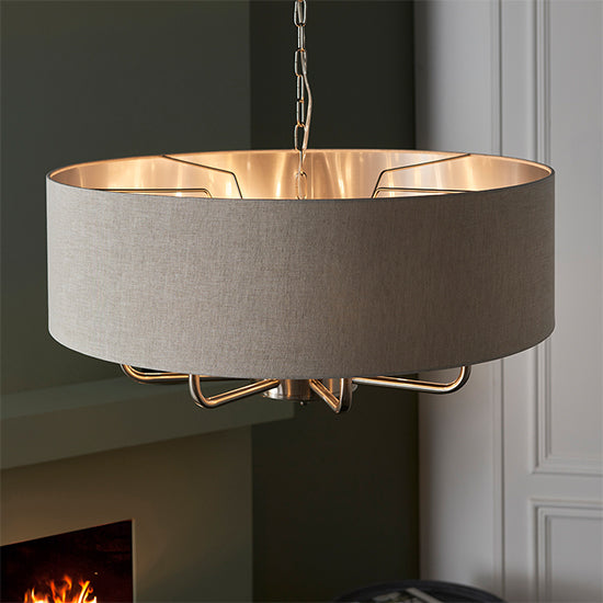 Highclere Charcoal Fabric Shade 8 Lights Ceiling Pendant Light In Antique Brass
