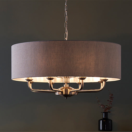 Highclere Charcoal Fabric Shade 8 Lights Ceiling Pendant Light In Antique Brass