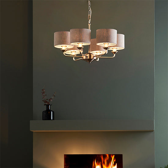 Highclere Charcoal Shade 6 Lights Ceiling Pendant Light In Antique Brass
