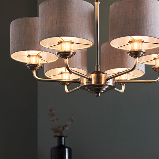 Highclere Charcoal Shade 6 Lights Ceiling Pendant Light In Antique Brass