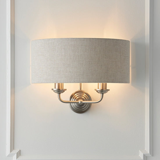 Highclere Natiral Linen Shade 2 Lights Wall Light In Brushed Chrome