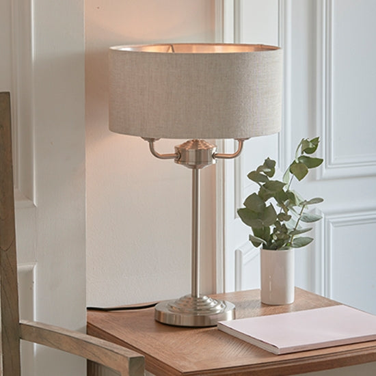 Highclere Natural Linen Shade 3 Lights Table Lamp In Brushed Chrome