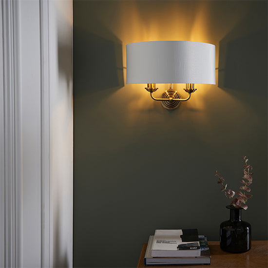 Highclere Vintage White Fabric Shade 2 Lights Wall Light In Antique Brass
