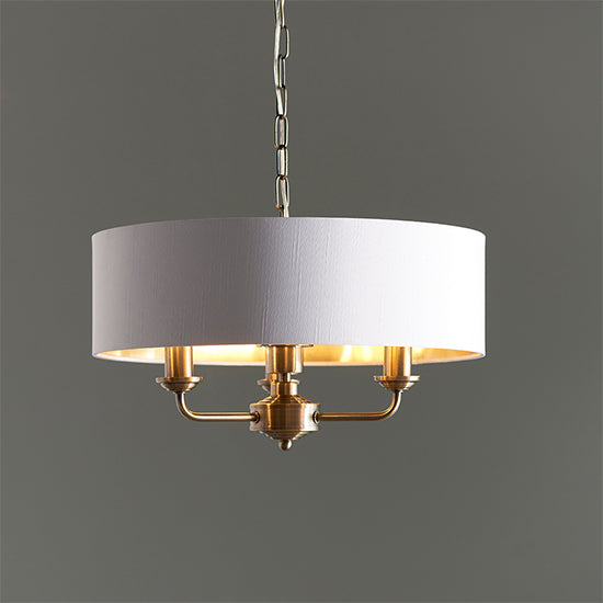 Highclere Vintage White Fabric Shade 3 Lights Ceiling Pendant Light In Antique Brass