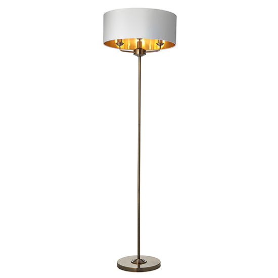Highclere Vintage White Fabric Shade 3 Lights Floor Lamp In Antique Brass