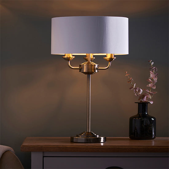 Highclere Vintage White Fabric Shade 3 Lights Table Lamp In Antique Brass