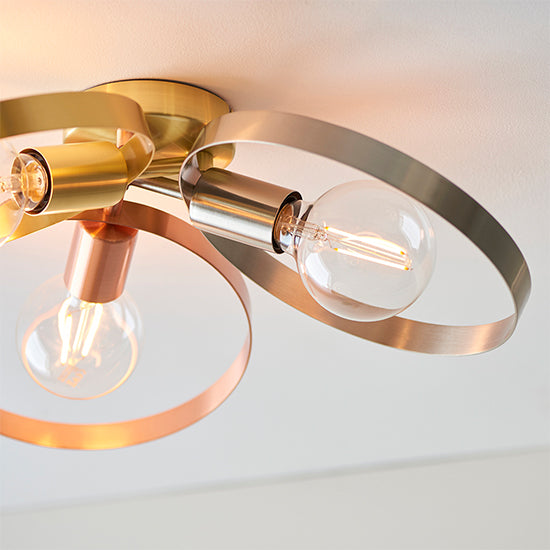 Hoop 3 Lights Semi Flush Ceiling Light In Mixed Brushed Brass