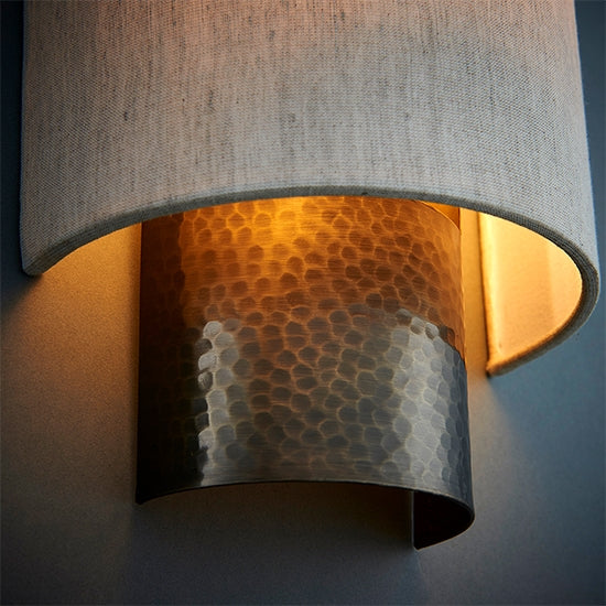 Indara Natural Linen Mix Fabric Shade Wall Light In Hammered Bronze