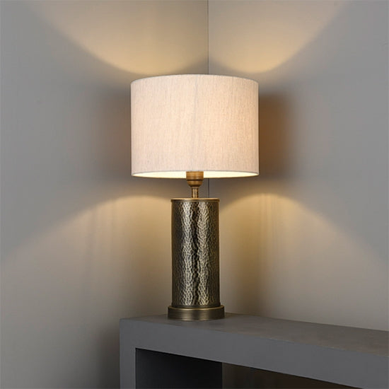 Indara Natural Linen Mix Fabric Table Lamp In Hammered Bronze