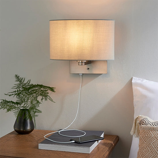 Issac Cool Grey Ellipse Shade Wall Light With USB In Matt Nickel