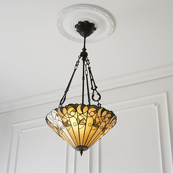 Jamelia Medium Inverted 3 Lights Tiffany Glass Ceiling Pendant Light In Dark Bronze