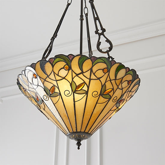 Jamelia Medium Inverted 3 Lights Tiffany Glass Ceiling Pendant Light In Dark Bronze
