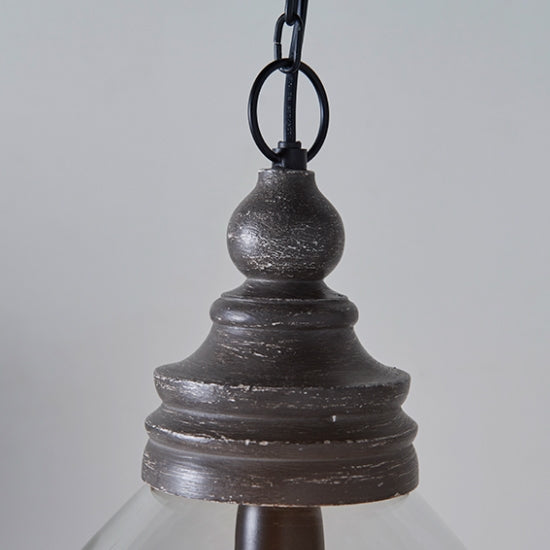 Kerala Clear Glass Ceiling Pendant Light In Taupe Grey Distressed Wood