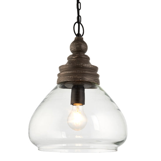Kerala Clear Glass Ceiling Pendant Light In Taupe Grey Distressed Wood