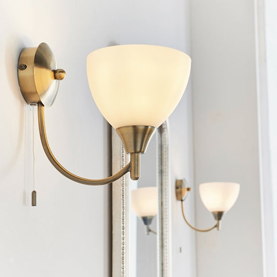 Lightson Matt Opal Glass Shade Wall Light In Antique Brass