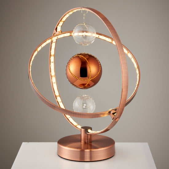 Muni Clear Glass Suspended Spheres Table Lamp In Polished Copper