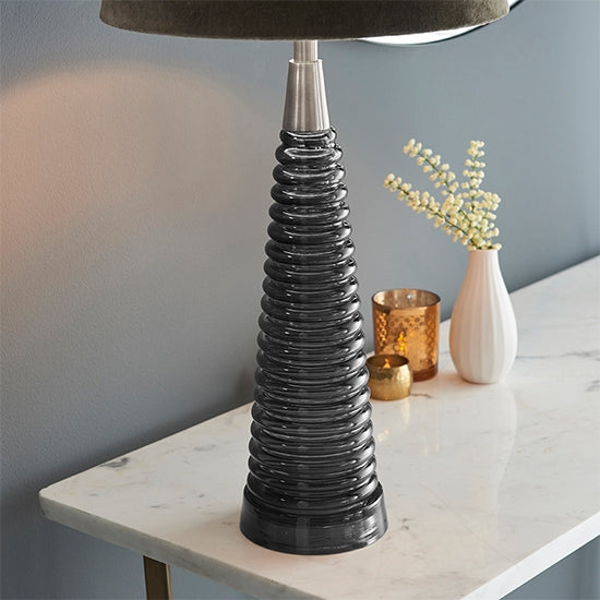 Naia Mocca Velvet Shade Table Lamp In Dark Grey Ribbed Glass Base