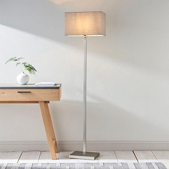 Norton Cool Grey Fabric Rectangular Shade Floor Lamp In Matt Nickel