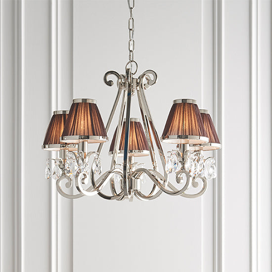 Oksana Clear Crystal 5 Lights Ceiling Pendant Light In Polished Nickel With Chocolate Shades