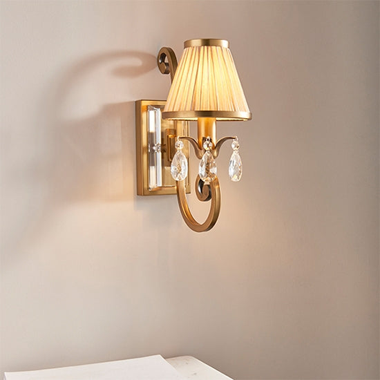 Oksana Single Beige Shade Wall Light In Antique Brass