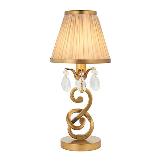 Oksana Small Beige Shade Table Lamp In Antique Brass