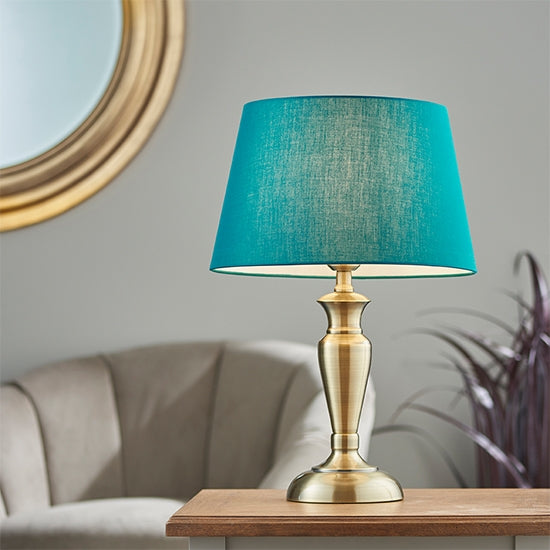 Oslo And Evie Small Green Shade Table Lamp In Antique Brass