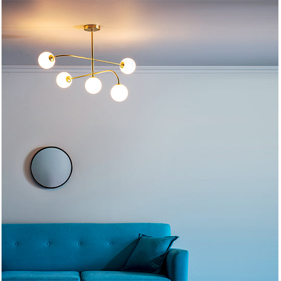 Otto Gloss Opal Glass Shades 5 Lights Semi Flush Ceiling Light In Brushed Brass