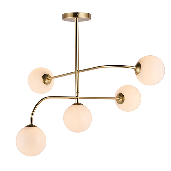 Otto Gloss Opal Glass Shades 5 Lights Semi Flush Ceiling Light In Brushed Brass