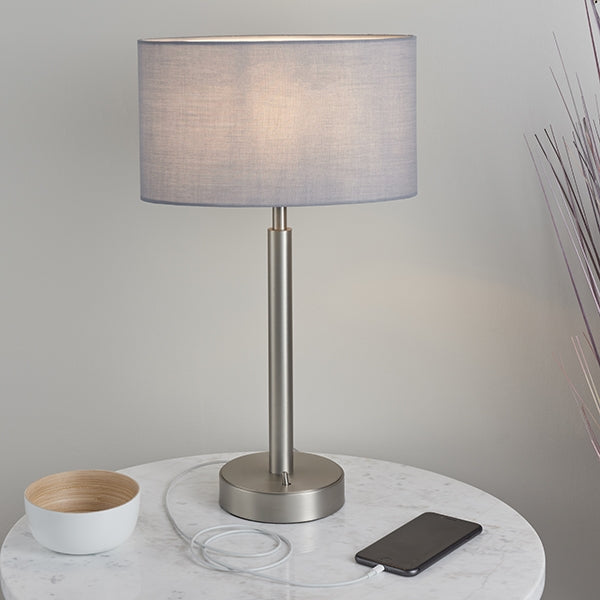 Owen Grey Ellipse Shade Table Lamp With USB In Matt Nickel