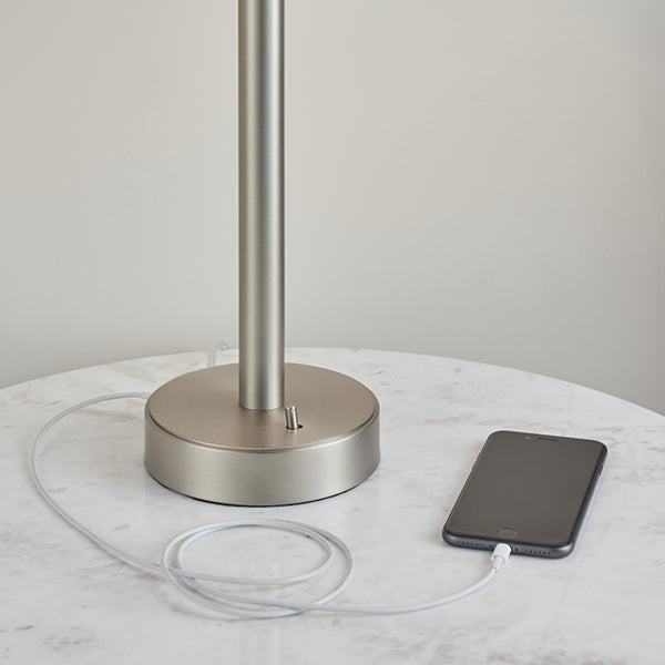 Owen Rectangular Grey Shade Table Lamp With USB In Matt Nickel