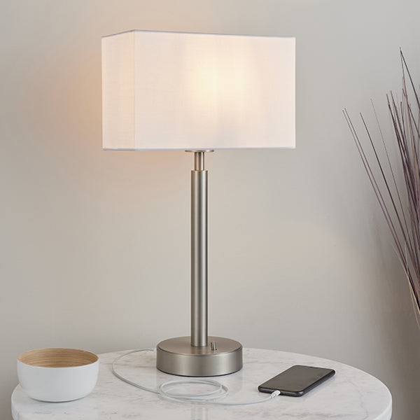 Owen Rectangular White Shade Table Lamp With USB In Matt Nickel