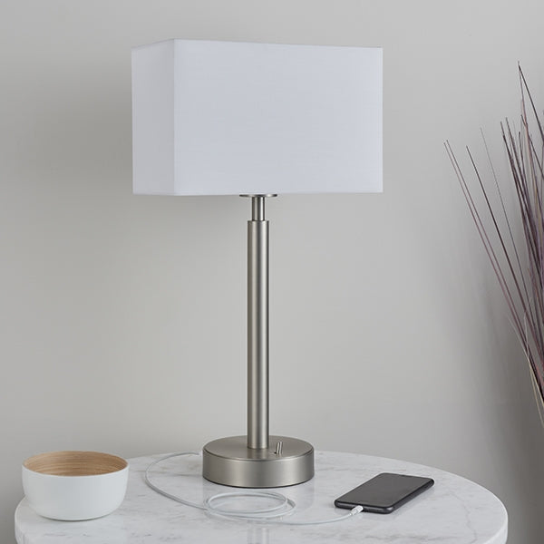 Owen Rectangular White Shade Table Lamp With USB In Matt Nickel