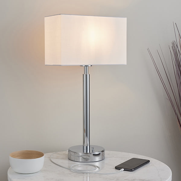 Owen Rectangular White Shade Table Lamp With USB In Polished Chrome