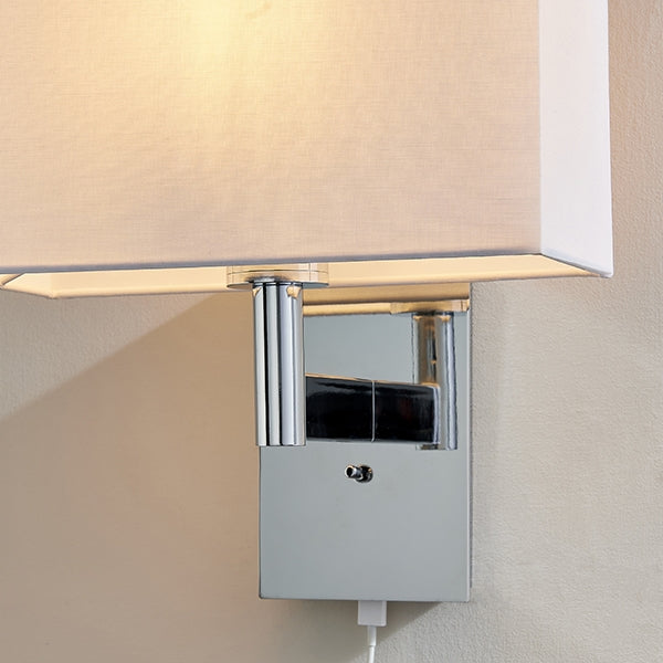 Owen Rectangular White Shade Wall Light With USB In Polished Chrome