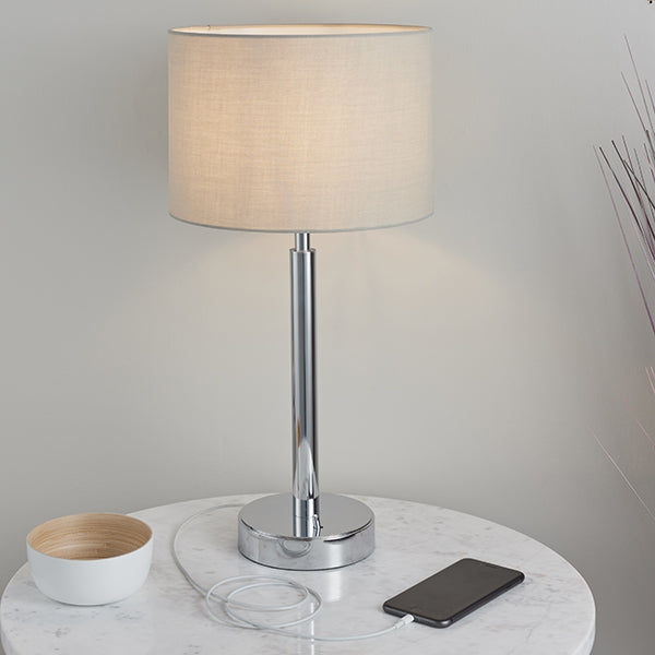 Owen Taupe Cylinder Shade Table Lamp With USB In Polished Chrome