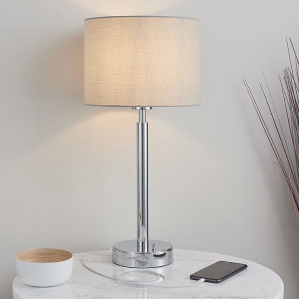 Owen Taupe Cylinder Shade Table Lamp With USB In Polished Chrome