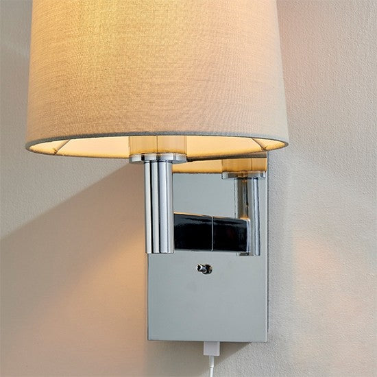 Owen USB Taupe Fabric Taper Cylinder Shade Wall Light In Polished Chrome