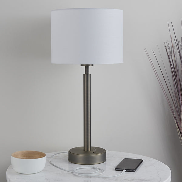 Owen White Cylinder Shade Table Lamp With USB In Dark Bronze