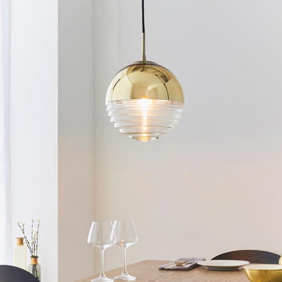 Paloma Clear Ribbed Glass Ceiling Pendant Light In Polished Gold