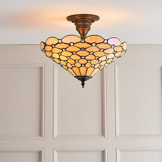 Pearl Medium Tiffany Glass 3 Lights Flush Ceiling Light In Dark Bronze