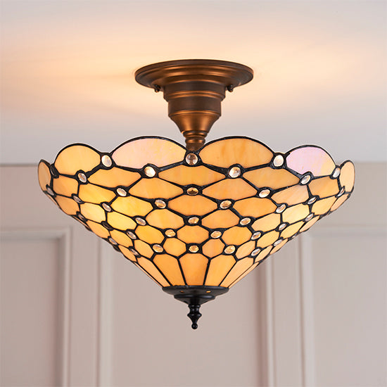 Pearl Medium Tiffany Glass 3 Lights Flush Ceiling Light In Dark Bronze